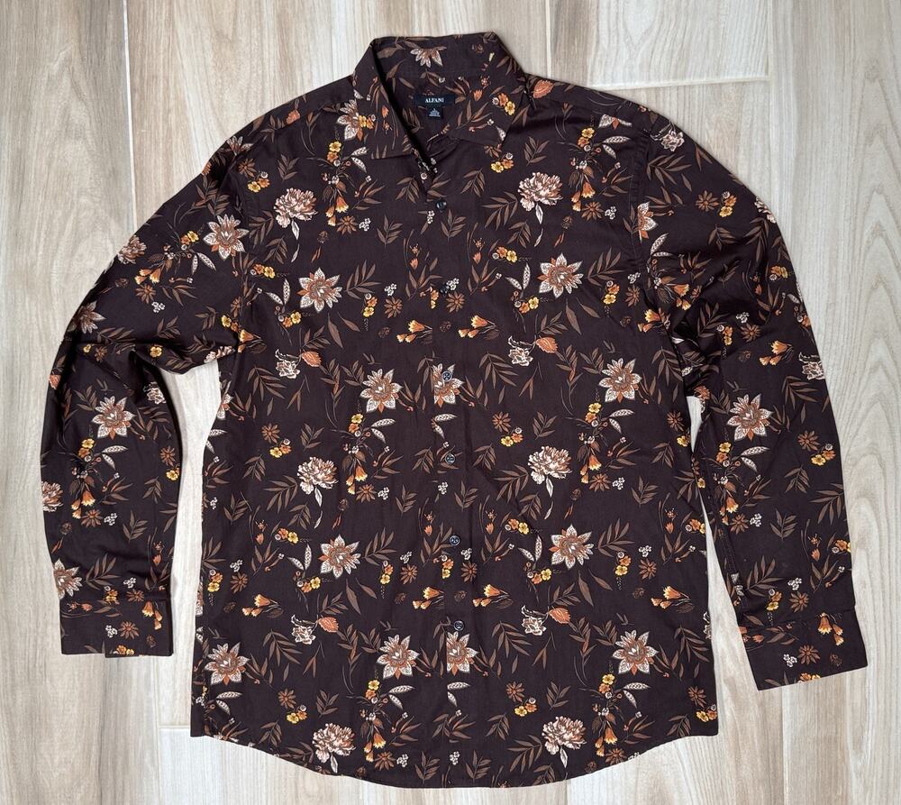 Afini Brown Floral Men’s Button Up Long Sleeve Shirt Size Large